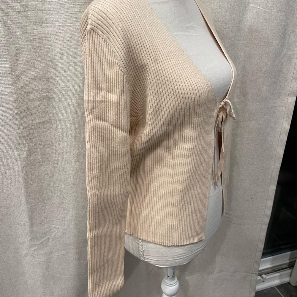 Cream Ribbed Tie-Front Cardigan - Picture 2 of 7